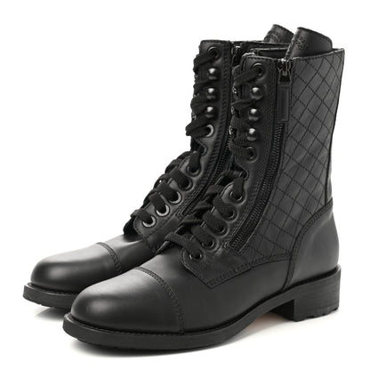 Chanel Calfskin Quilted Lace Up Combat Boots 37.5 Black 3 of 9