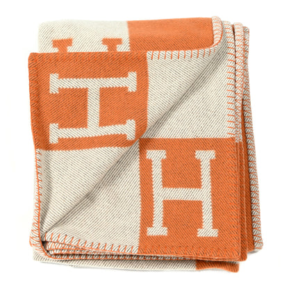 Hermes Wool Cashmere Signature Classic Avalon Blanket Ecru Potiron 2 of 3
