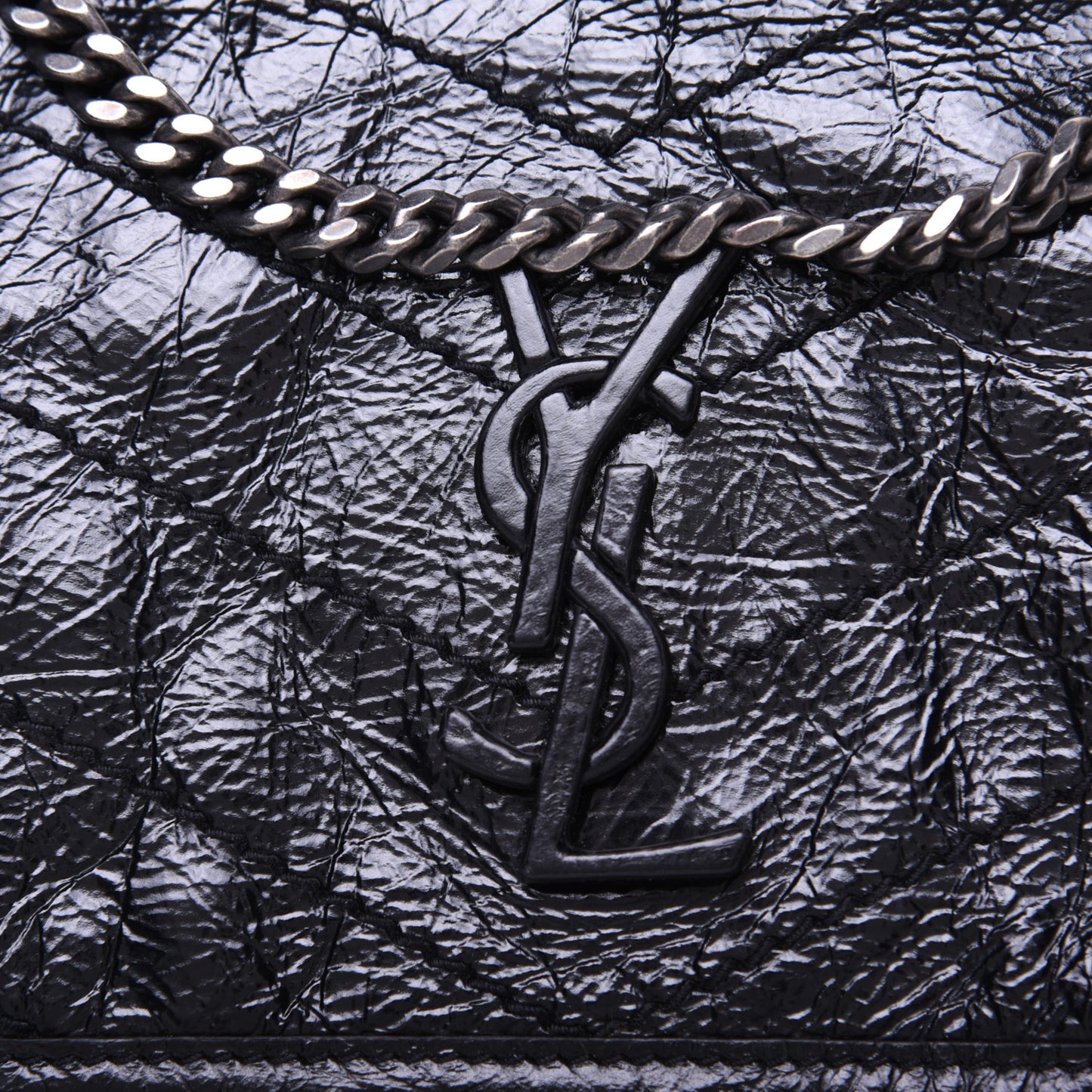 Crinkled Calfskin Matelasse Monogram Baby Niki Chain Satchel Black