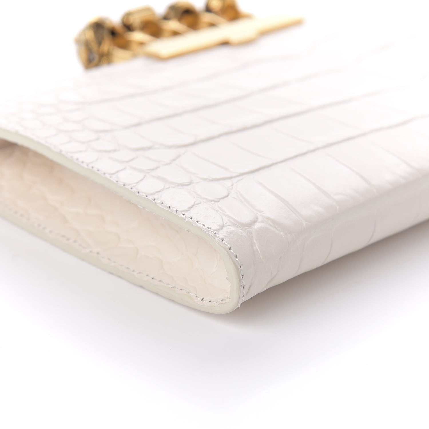 Alexander McQueen Calfskin Crocodile Embossed Knuckle Flat Clutch Off White Gold 6 of 10