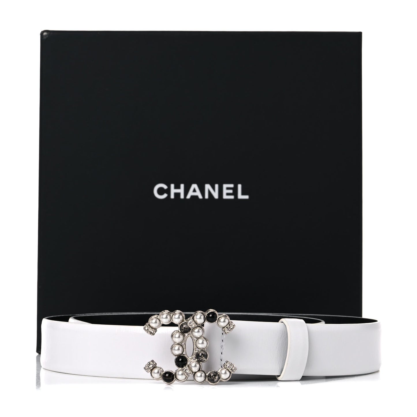 Calfskin Pearl Crystal CC Belt 75 30 White