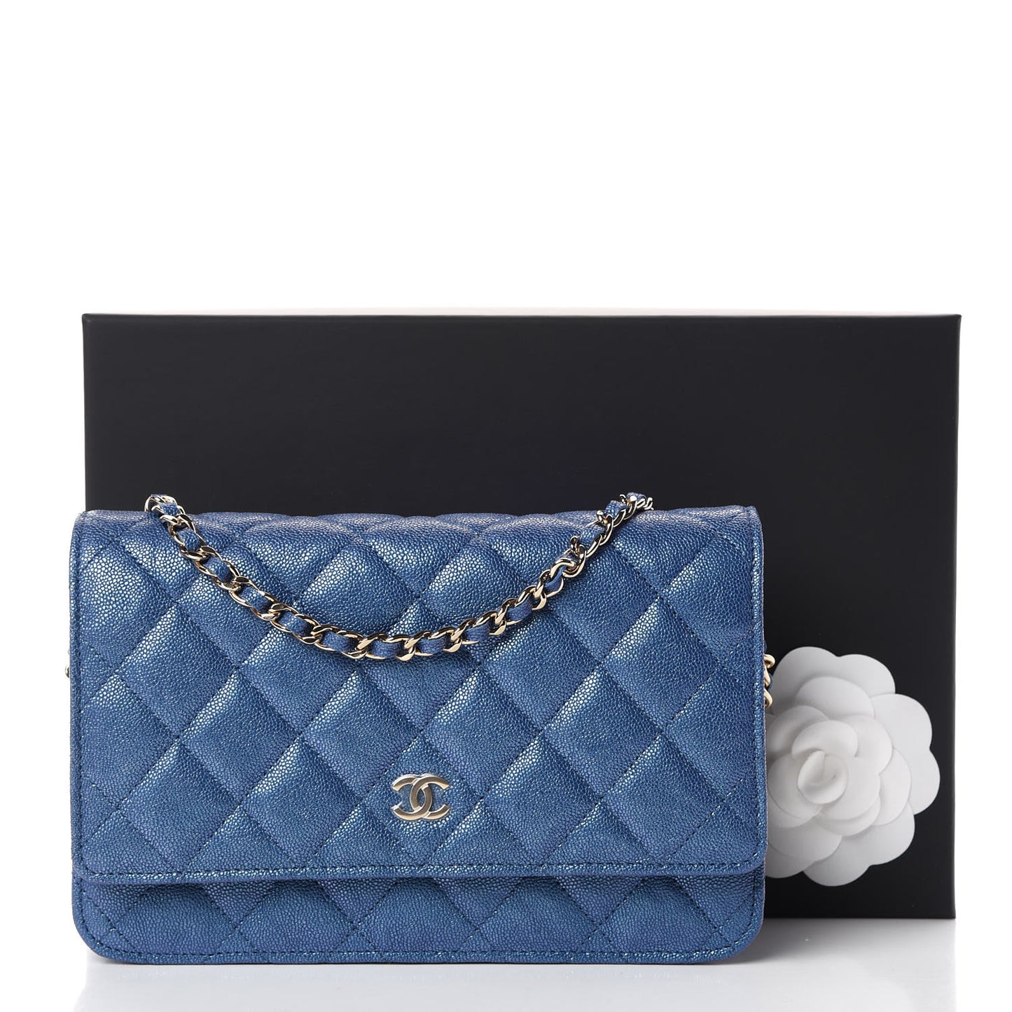Iridescent Caviar Quilted Wallet On Chain WOC Dark Blue