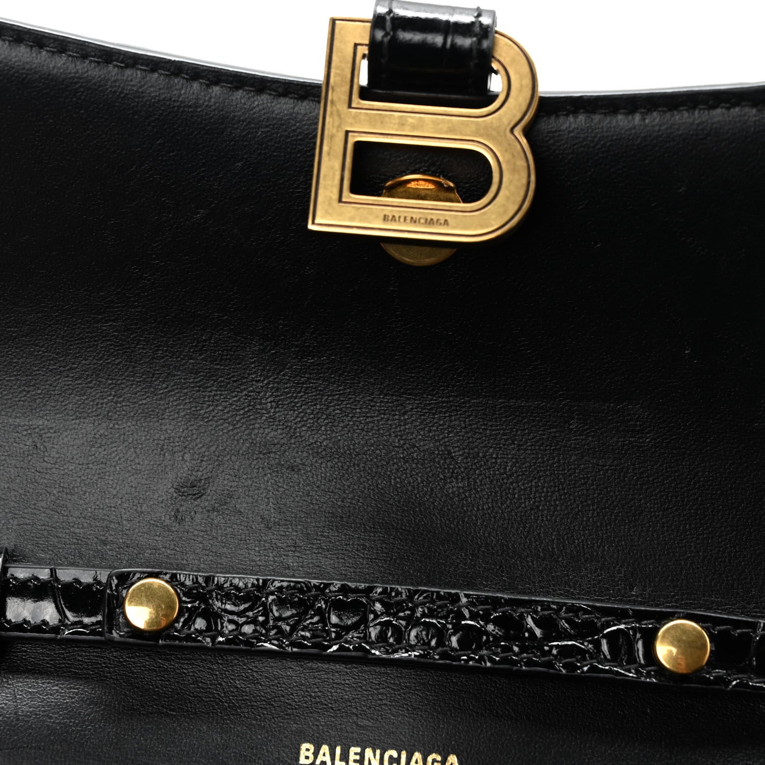 Balenciaga Shiny Calfskin Crocodile Embossed Hourglass Chain Bag Black 9 of 9
