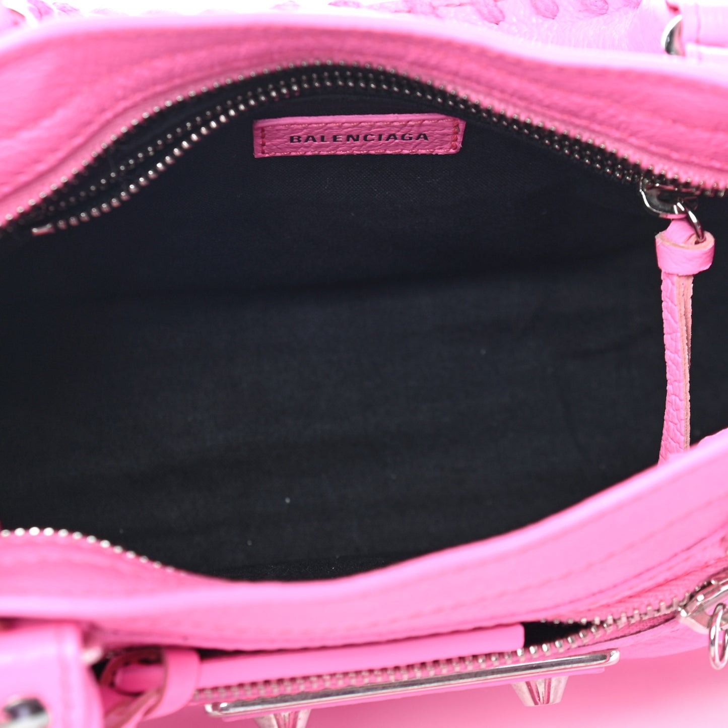 Shiny Goatskin Silver Metallic Edge Hardware Mini City Acid Pink