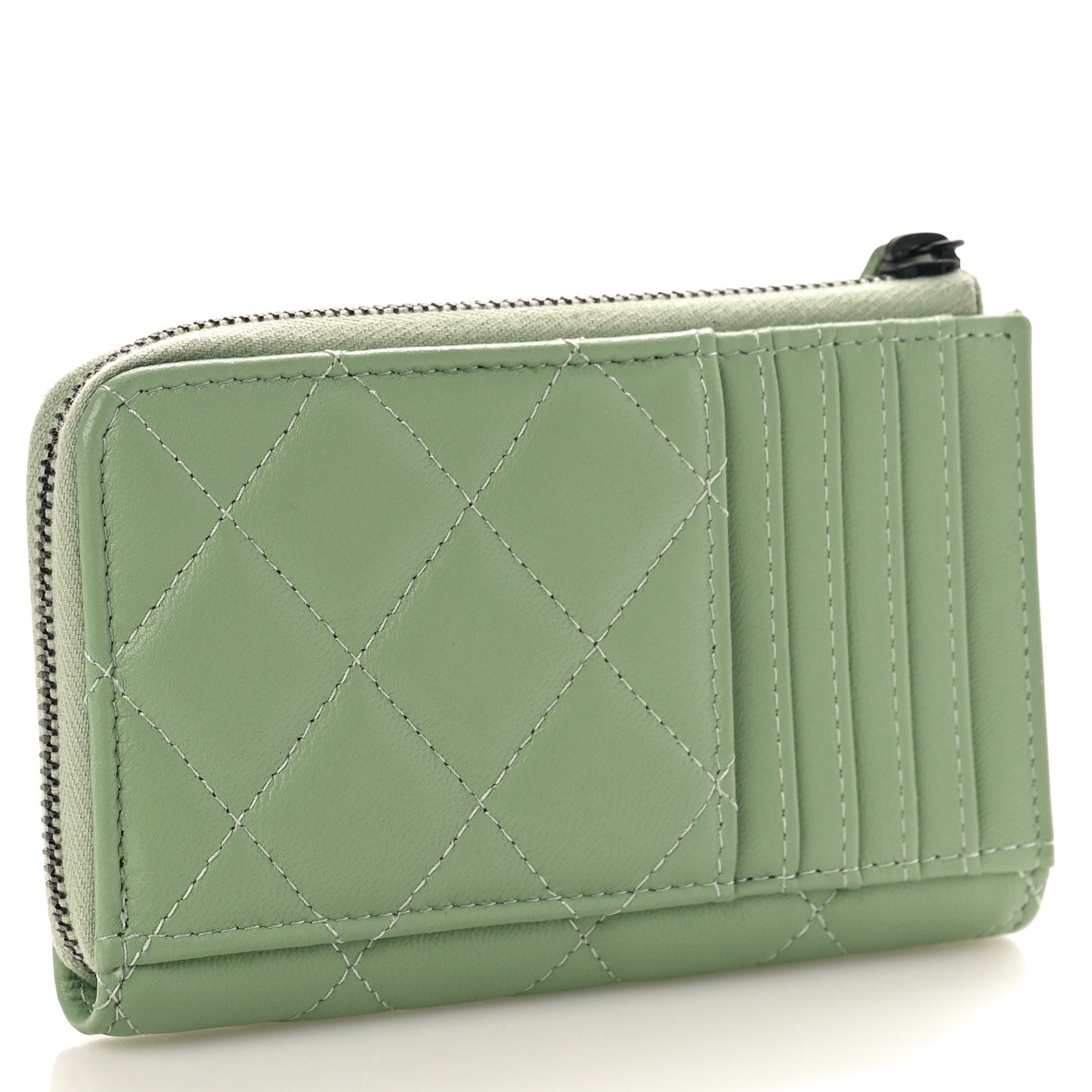 Lambskin Quilted CC Zip Around Card Holder Green