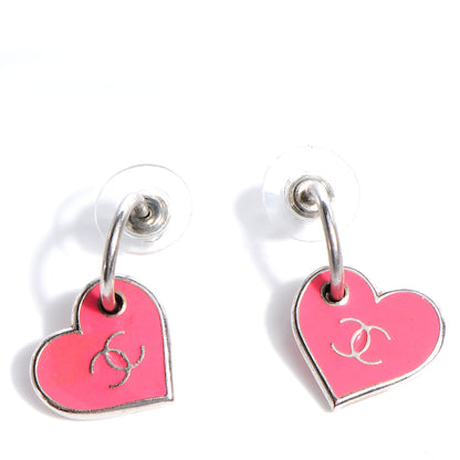 Chanel Enamel Valentine CC Heart Earrings Pink Silver 1 of 4