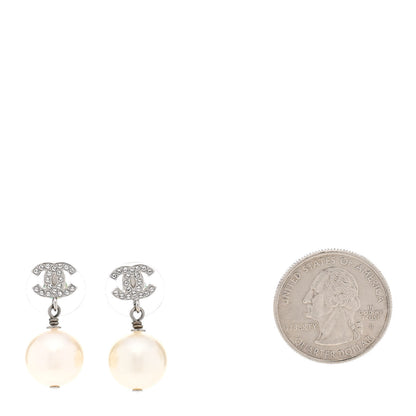 Chanel Crystal Pearl CC Drop Earrings Silver Pearly White 2 of 5