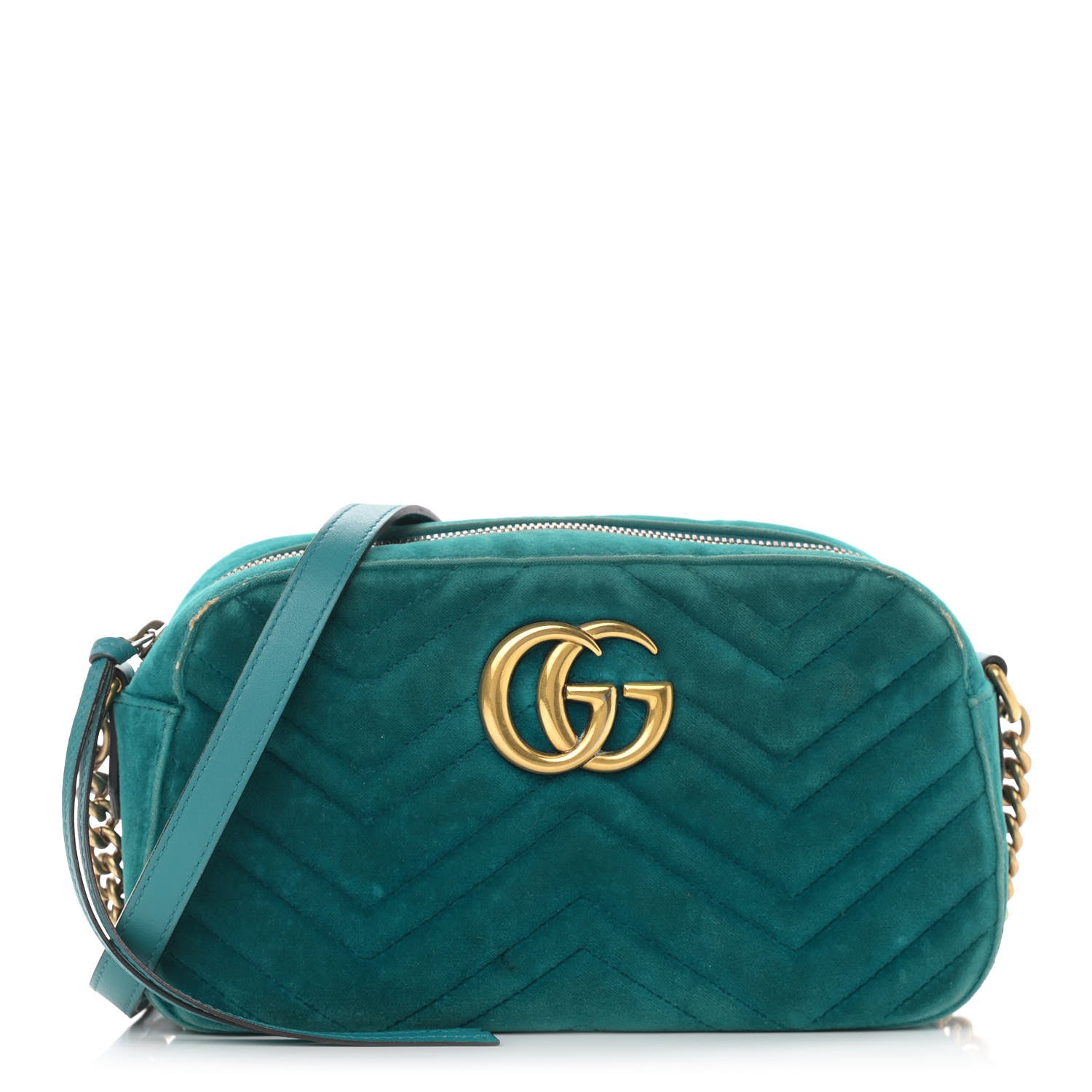 Gucci Velvet Matelasse Small GG Marmont Chain Shoulder Bag Pavone Cyan 1 of 12