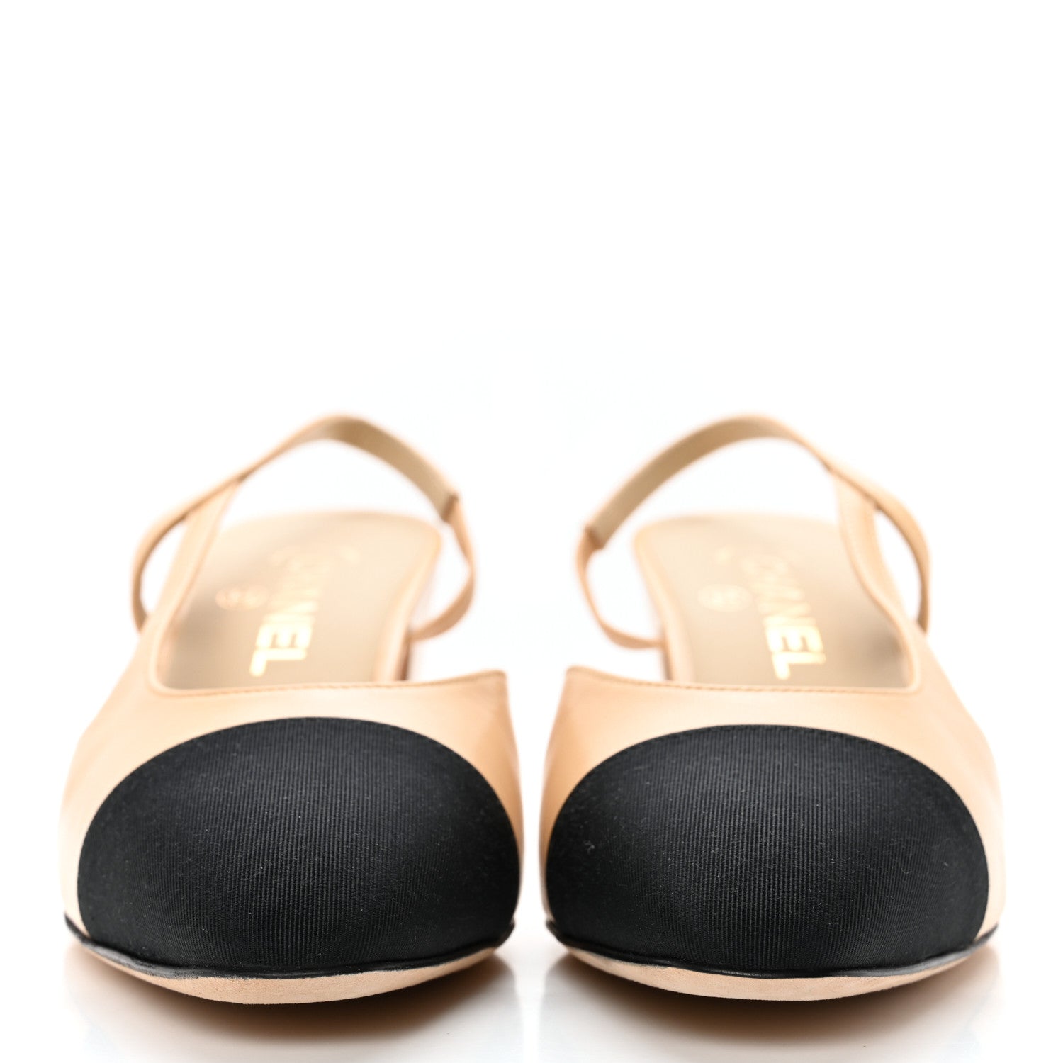 Chanel Lambskin Grosgrain Cap Toe CC Slingback Pumps 39 Beige Black 2 of 10