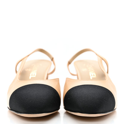 Chanel Lambskin Grosgrain Cap Toe CC Slingback Pumps 39 Beige Black 2 of 10