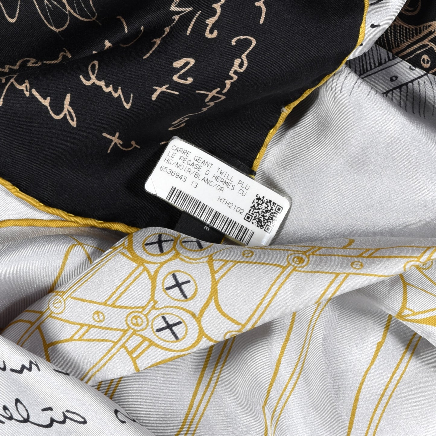 Silk Twill Le Pegase D Hermes Giant Scarf 140 Black White Or
