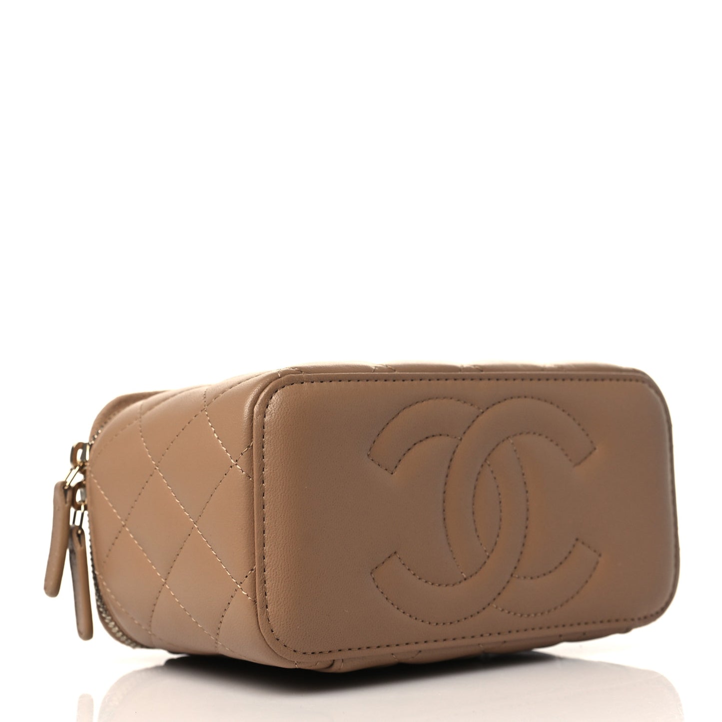 Lambskin Quilted Metal Small Top Handle Vanity Case With Chain Beige