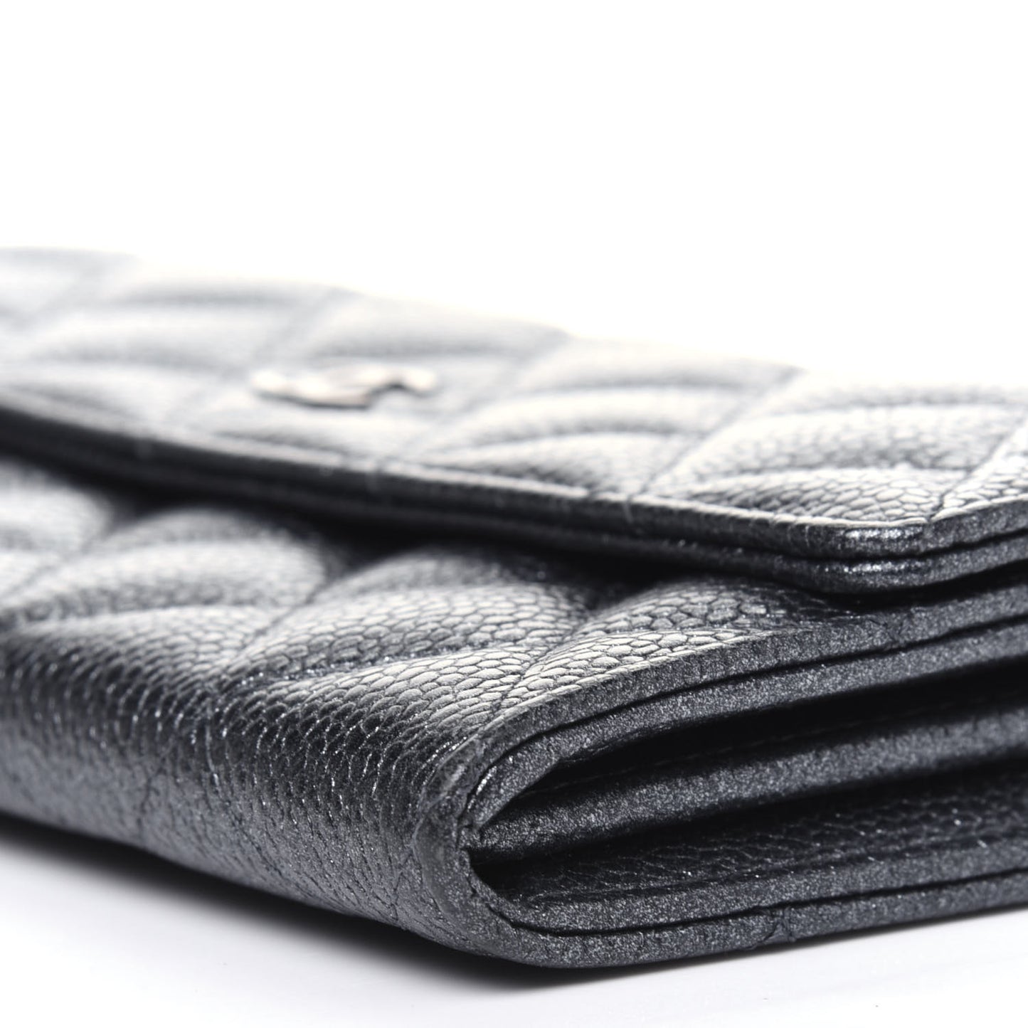 Metallic Caviar Quilted Large Flap Wallet Charcoal