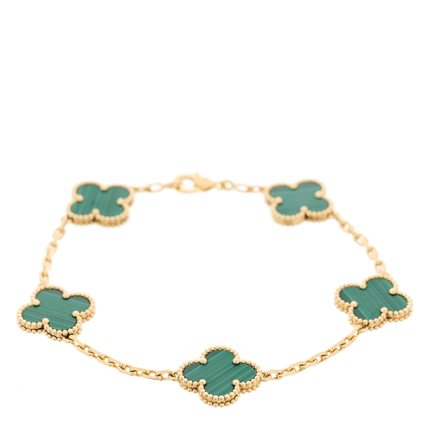 18K Yellow Gold Malachite 5 Motifs Vintage Alhambra Bracelet