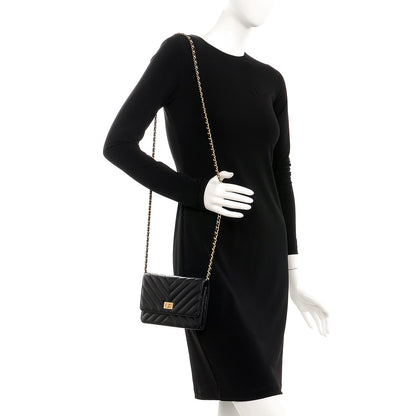 Chanel Sheepskin Chevron Reissue Wallet On Chain WOC Black 2 of 9