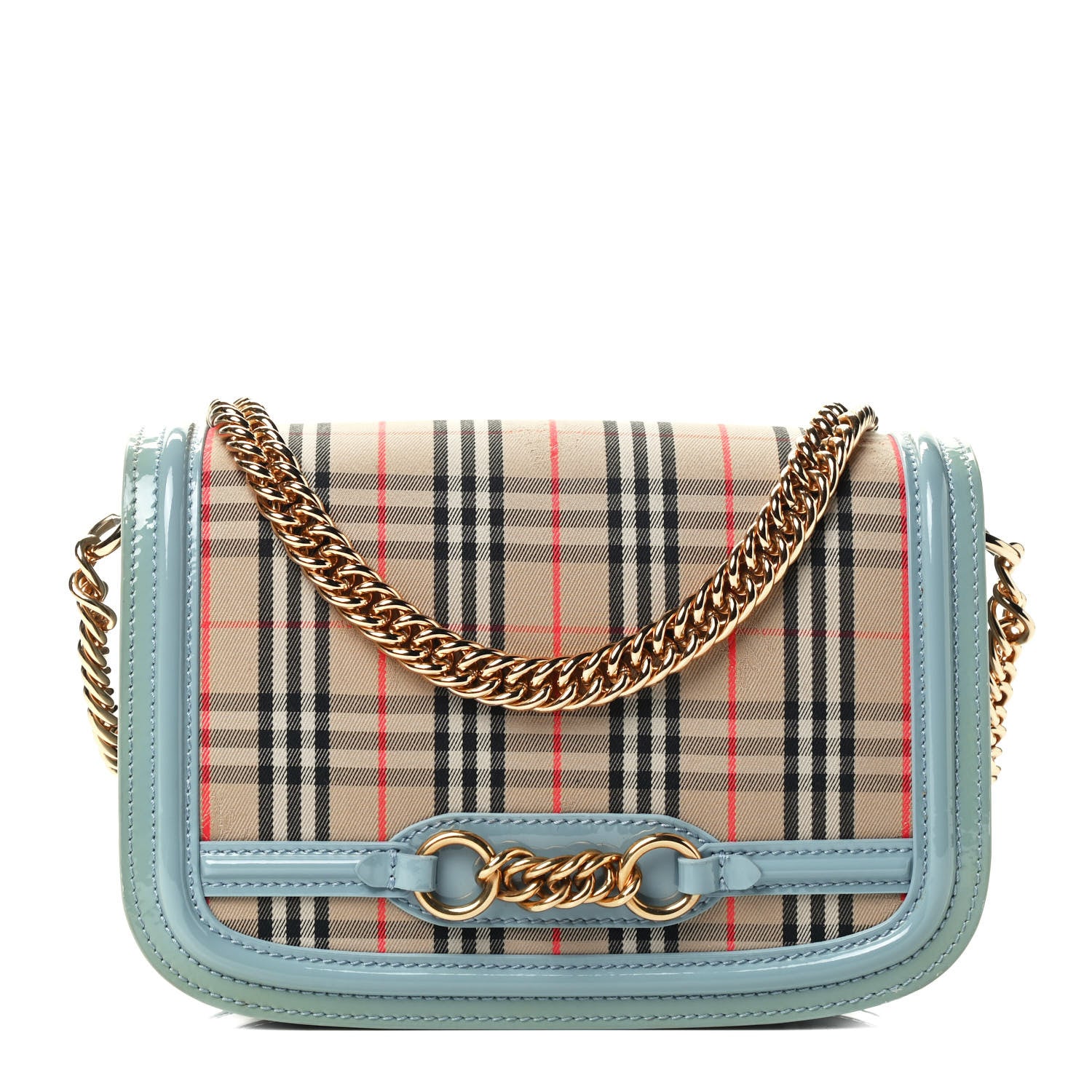 Burberry Patent 1983 Knight Check Link Shoulder Bag Blue Sage 1 of 4