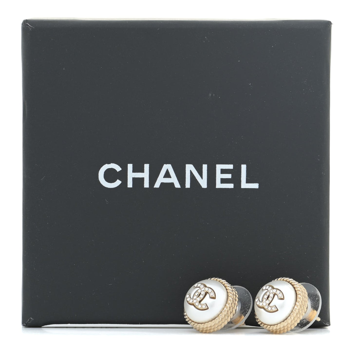 Pearl Crystal CC Round Earrings Gold
