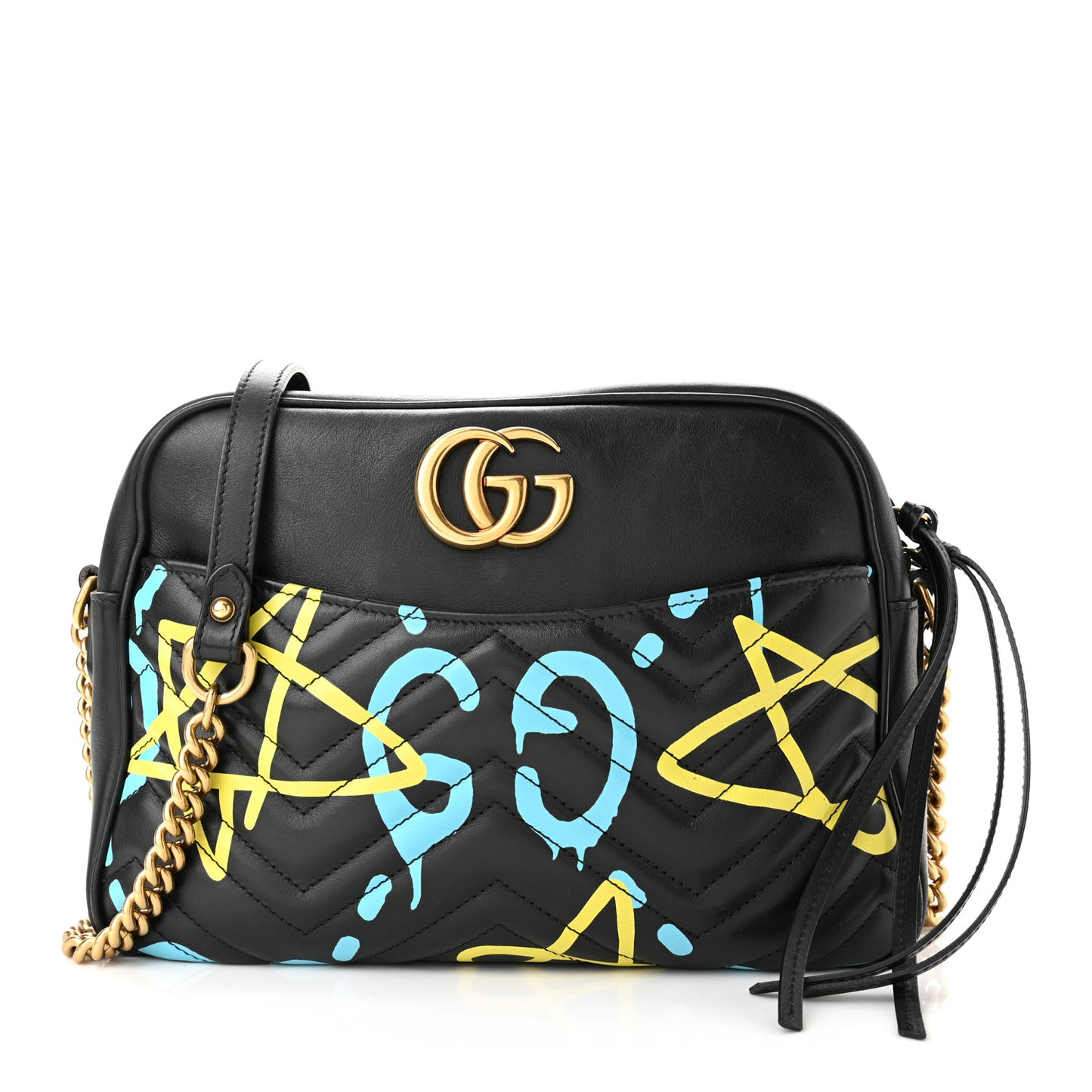 Calfskin Matelasse GucciGhost Medium GG Marmont Chain Shoulder Bag Black New Aquamarine