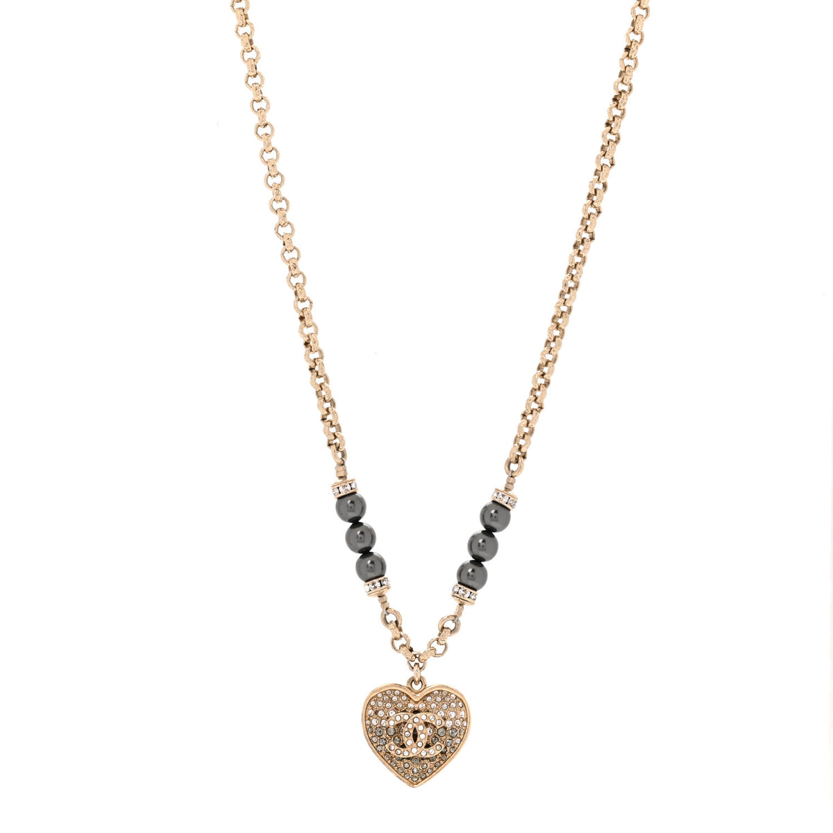 Pearl Resin Crystal Heart CC Pendant Chain Necklace Ruthenium Light Gold
