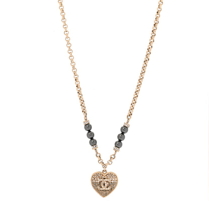 Chanel Pearl Resin Crystal Heart CC Pendant Chain Necklace Ruthenium Light Gold 1 of 4