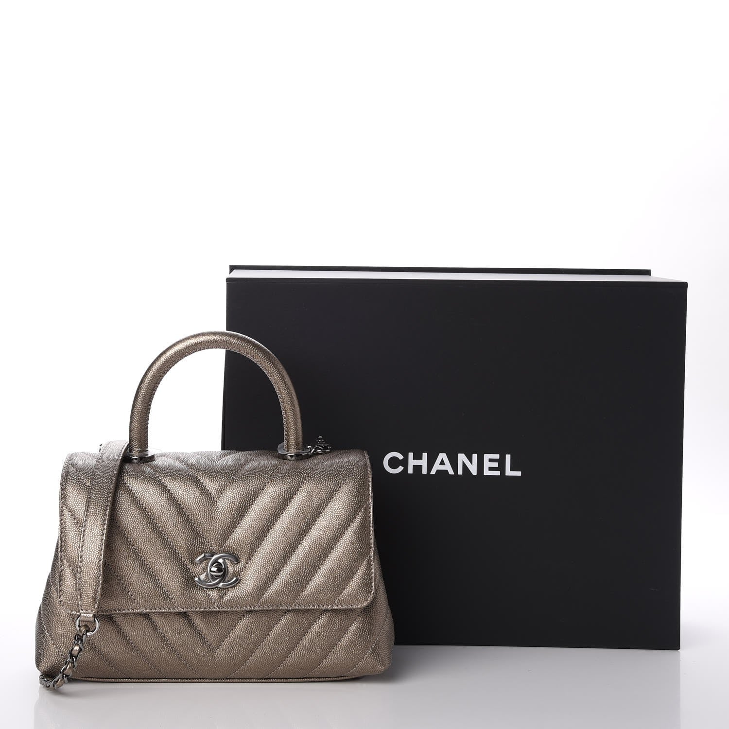Chanel Metallic Caviar Chevron Quilted Mini Coco Handle Flap Light Gold 8 of 8