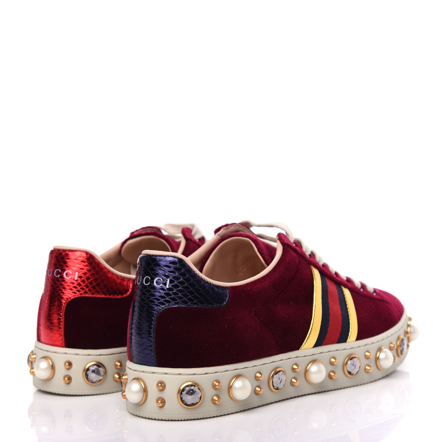 Gucci Velvet Ayers Web Faux Pearl Embellished Womens New Ace Sneakers 35 Malbec Oro Vecchio 4 of 11