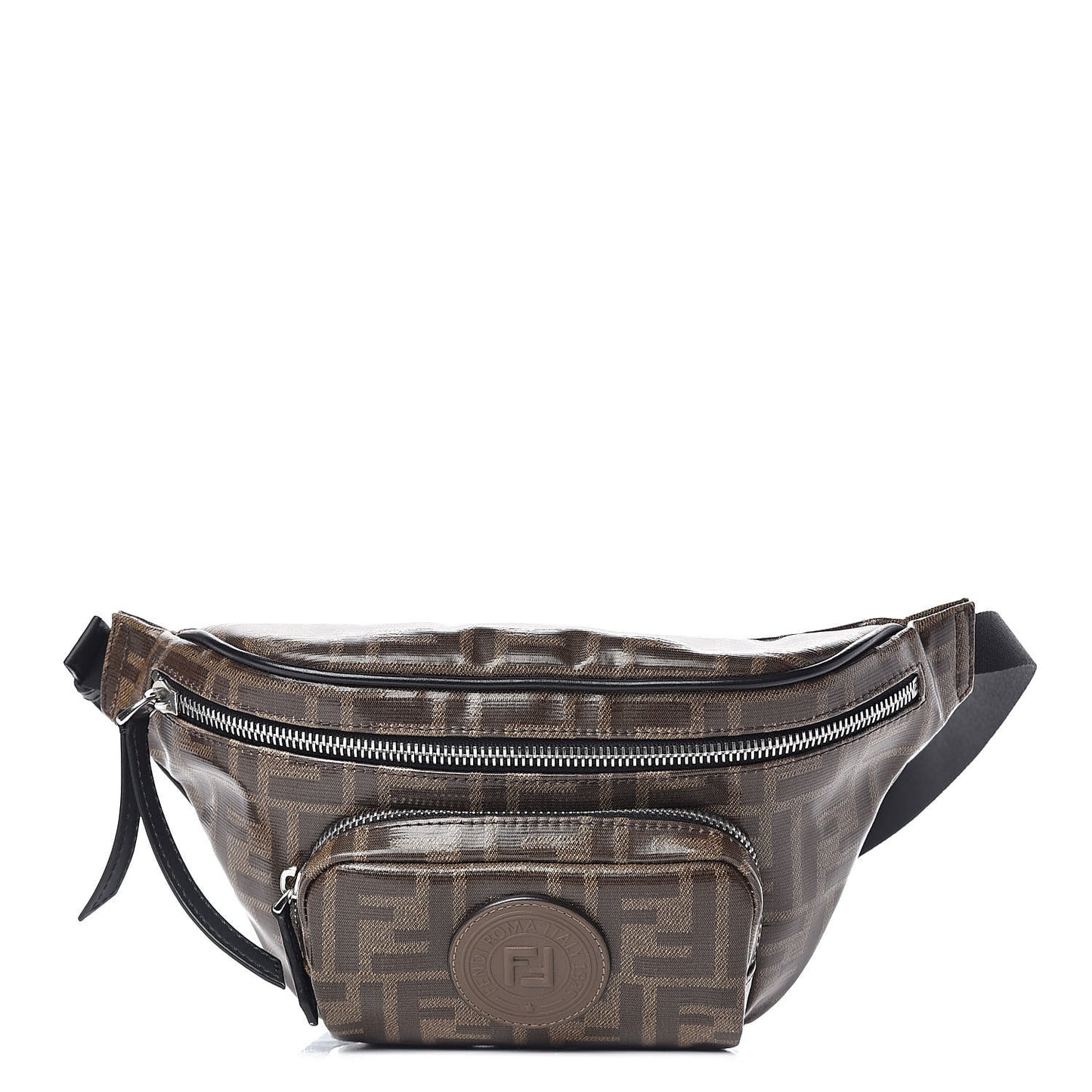 Glazed Fabric Vitello Century FF 1974 Stamp Patch Mens Pocket Belt Bag Mogano Panna Black
