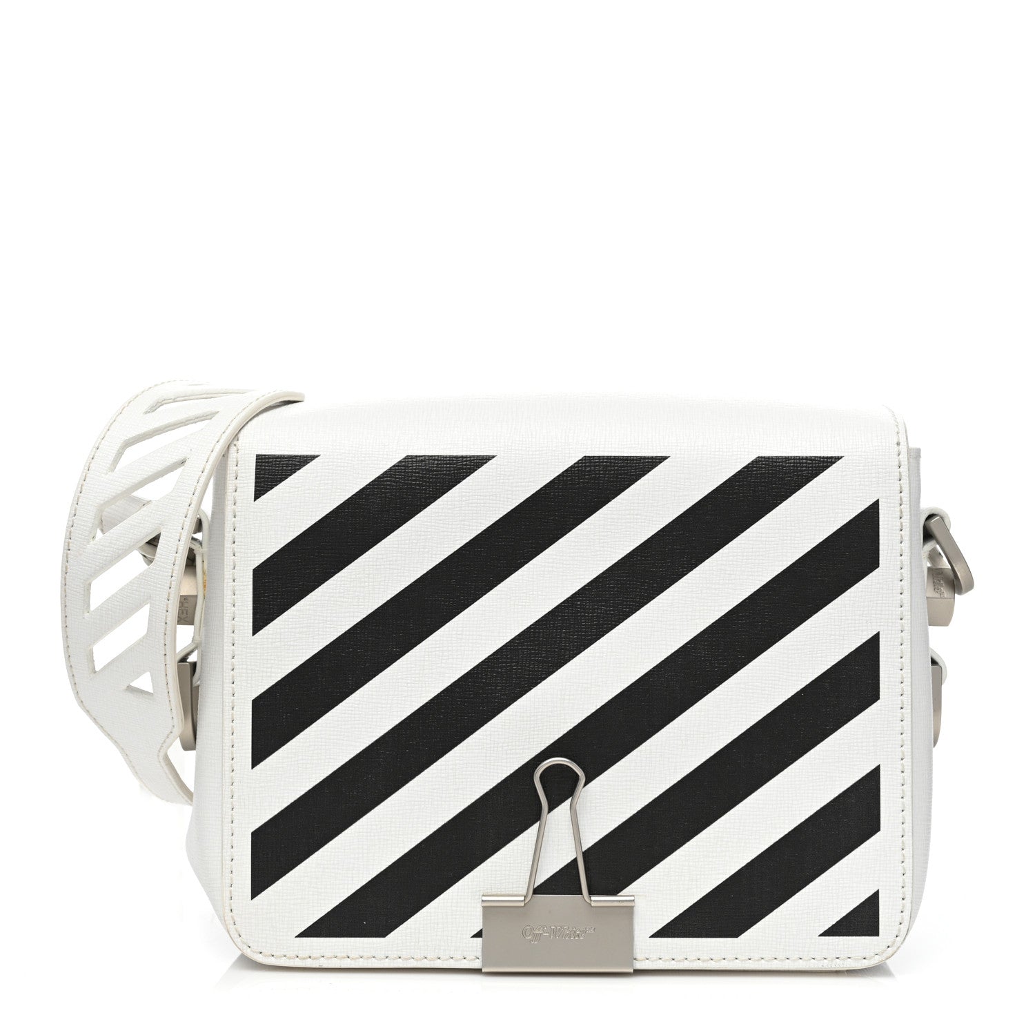 Off-White Saffiano Striped Diag Binder Flap Bag White Black 1 of 10