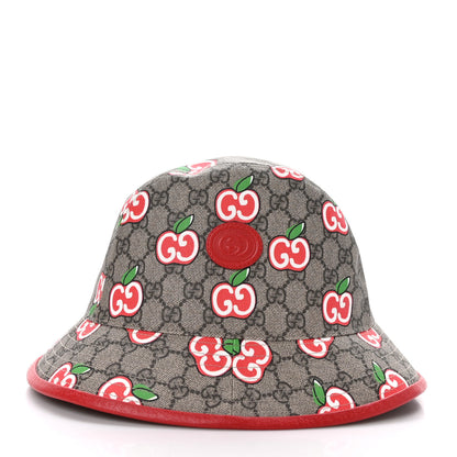 Gucci GG Supreme Monogram Apple Textured Dollar Calfskin Retro Interlocking G Fedora Pomme Bucket Hat L Beige Ebony Red 3 of 8