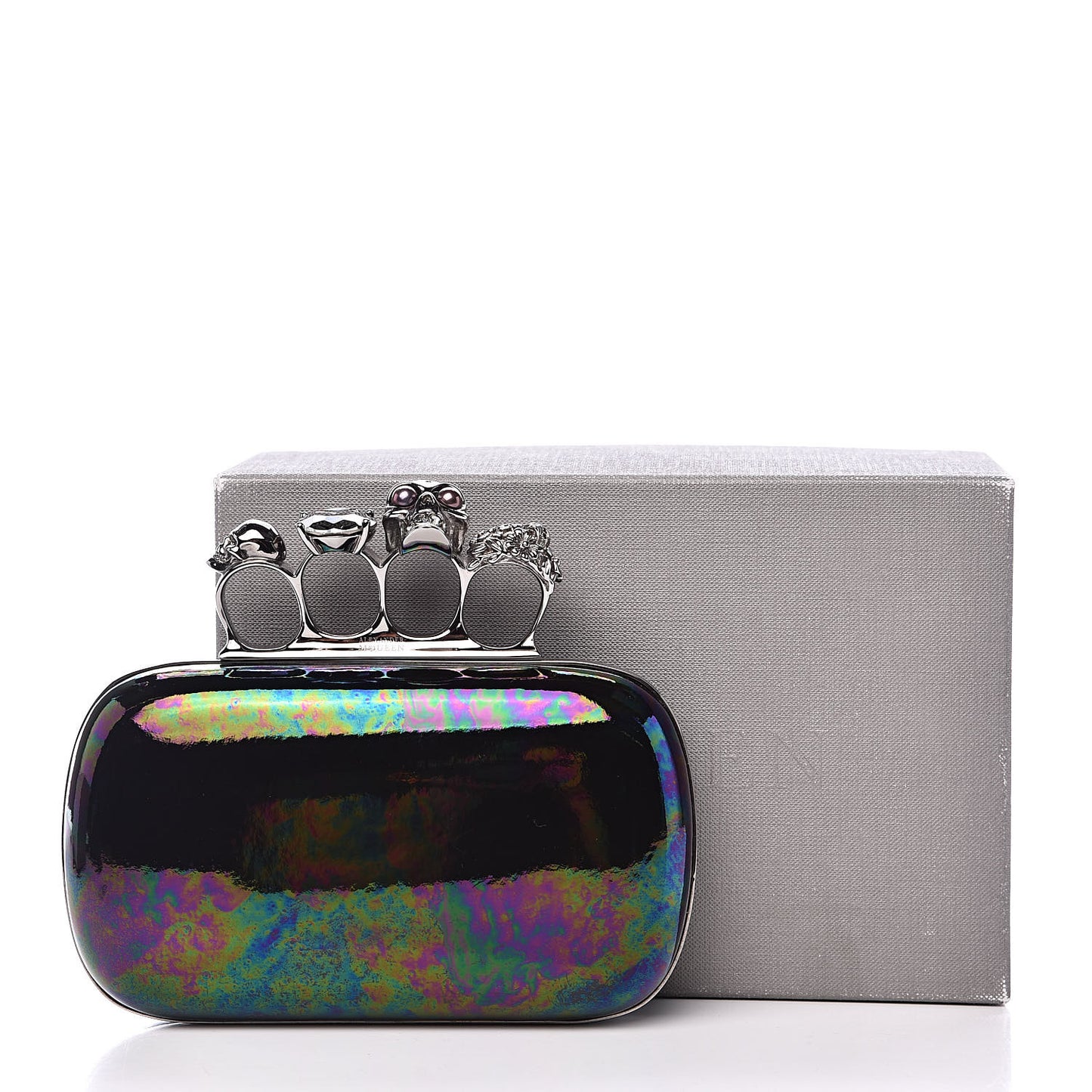 Patent Skull Knuckle Oil Slick Duster Box Clutch Multicolor