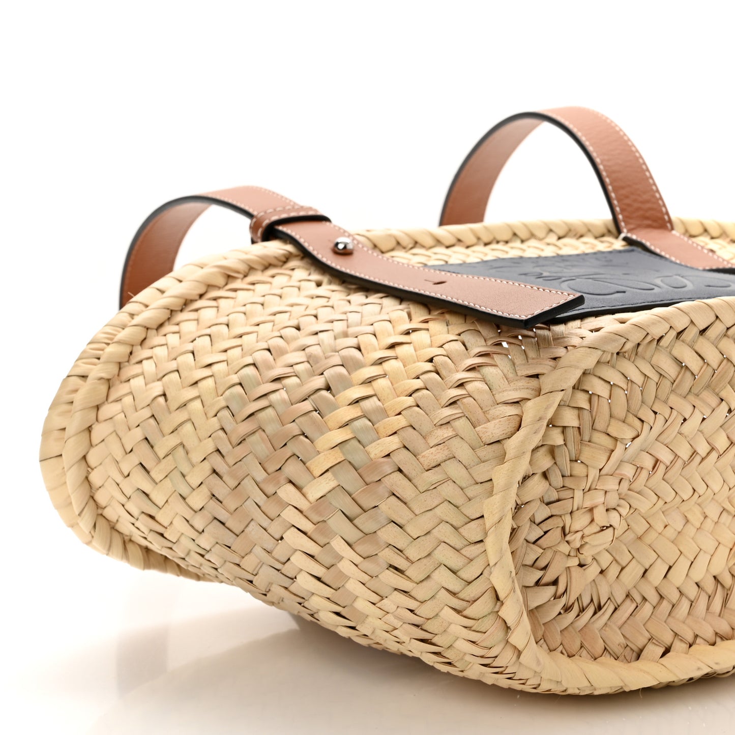 Raffia Small Basket Tote Bag Natural Tan Navy