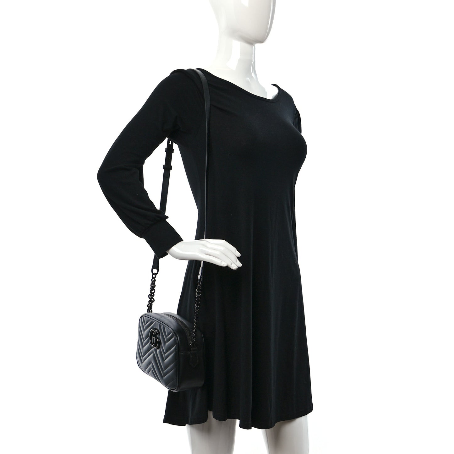 Calfskin Matelasse Monochrome Small GG Marmont Chain Shoulder Bag Black