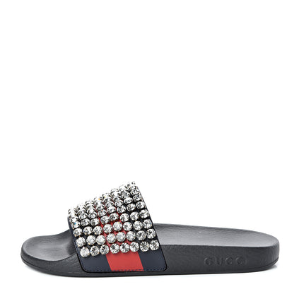 Gucci Calfskin Crystal Embellished Web Slide Sandals 37 Blue Red 1 of 8