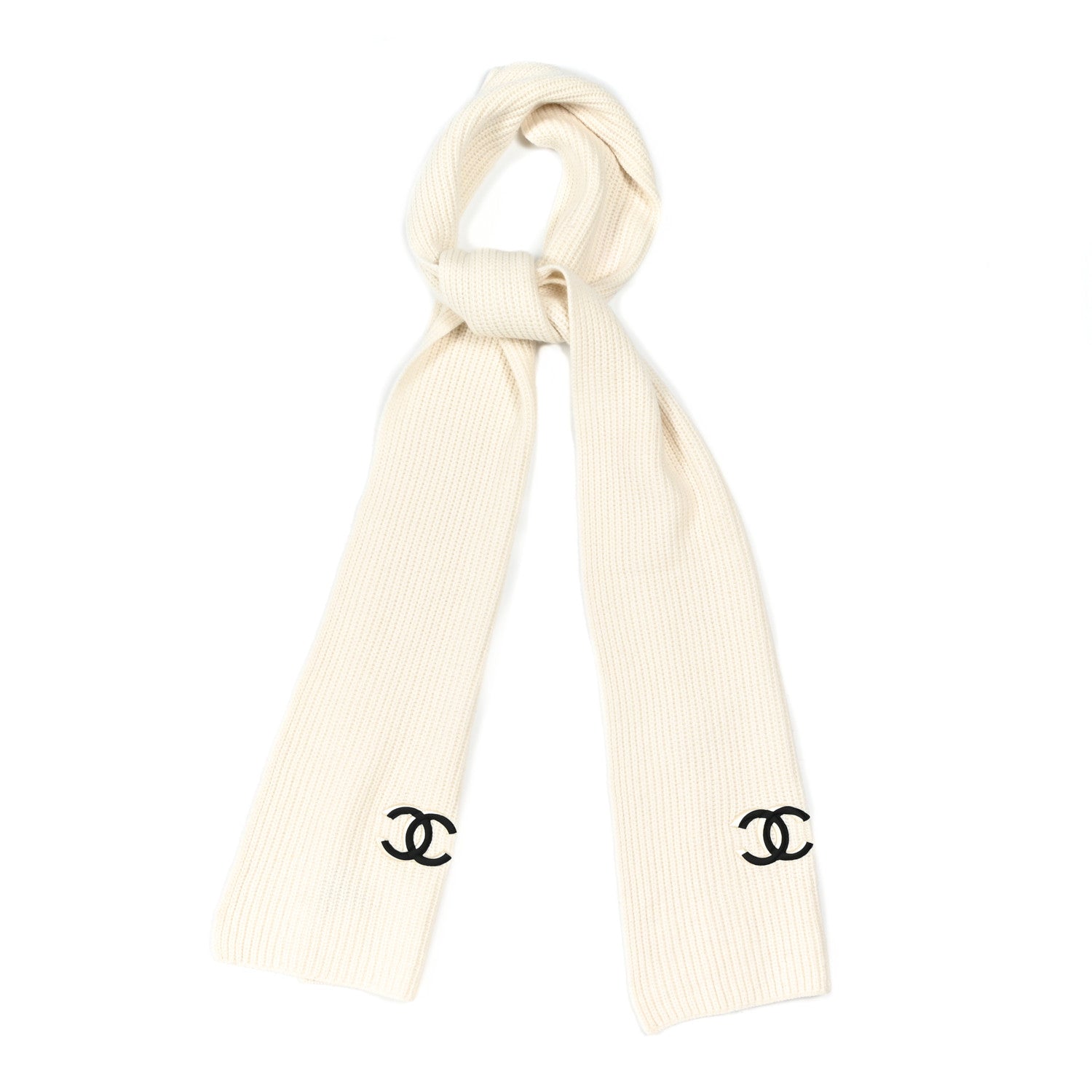 Chanel Wool Cashmere CC Scarf White Black 1 of 3