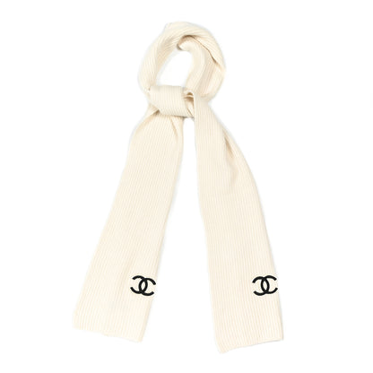Chanel Wool Cashmere CC Scarf White Black 1 of 3