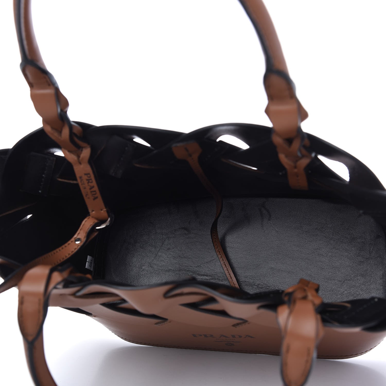 Prada Vitello Intreccio Small Tress Tote Bag Cognac Black 5 of 10