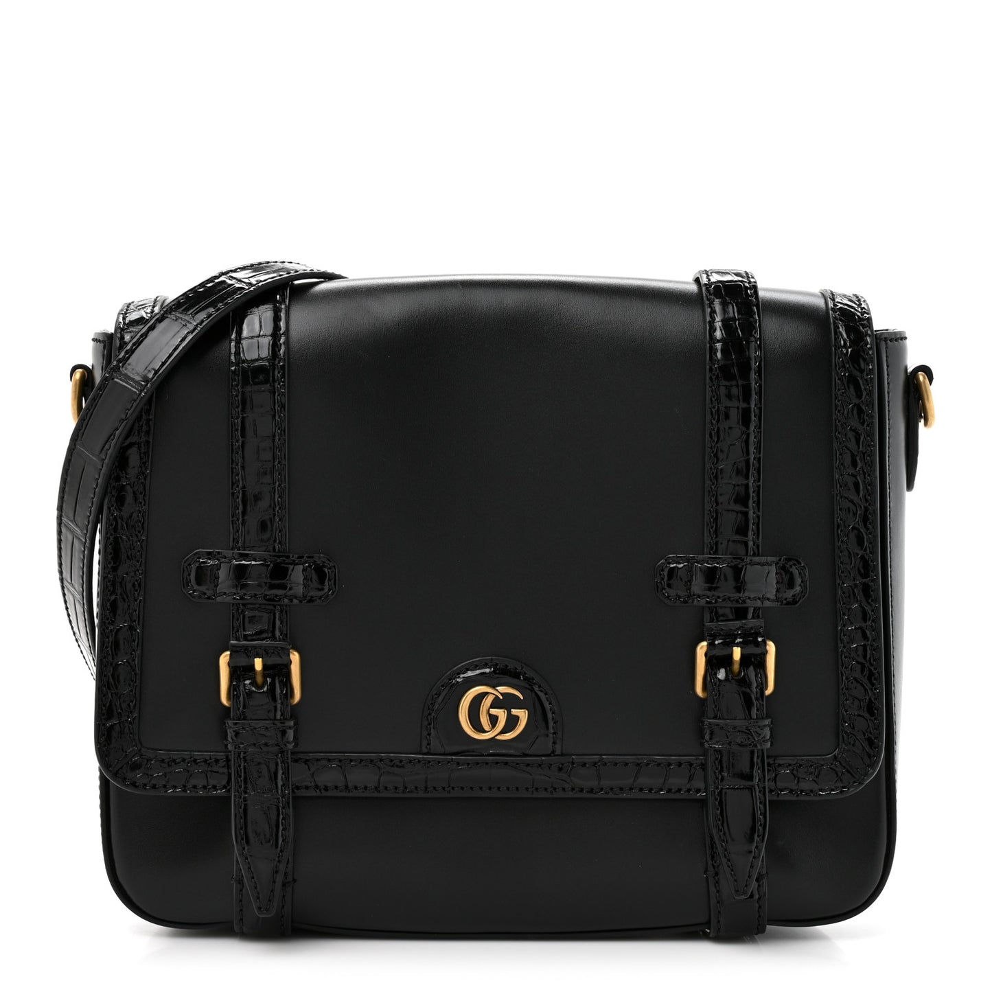 Calfskin Crocodile GG Double Buckle Medium Messenger Bag Black