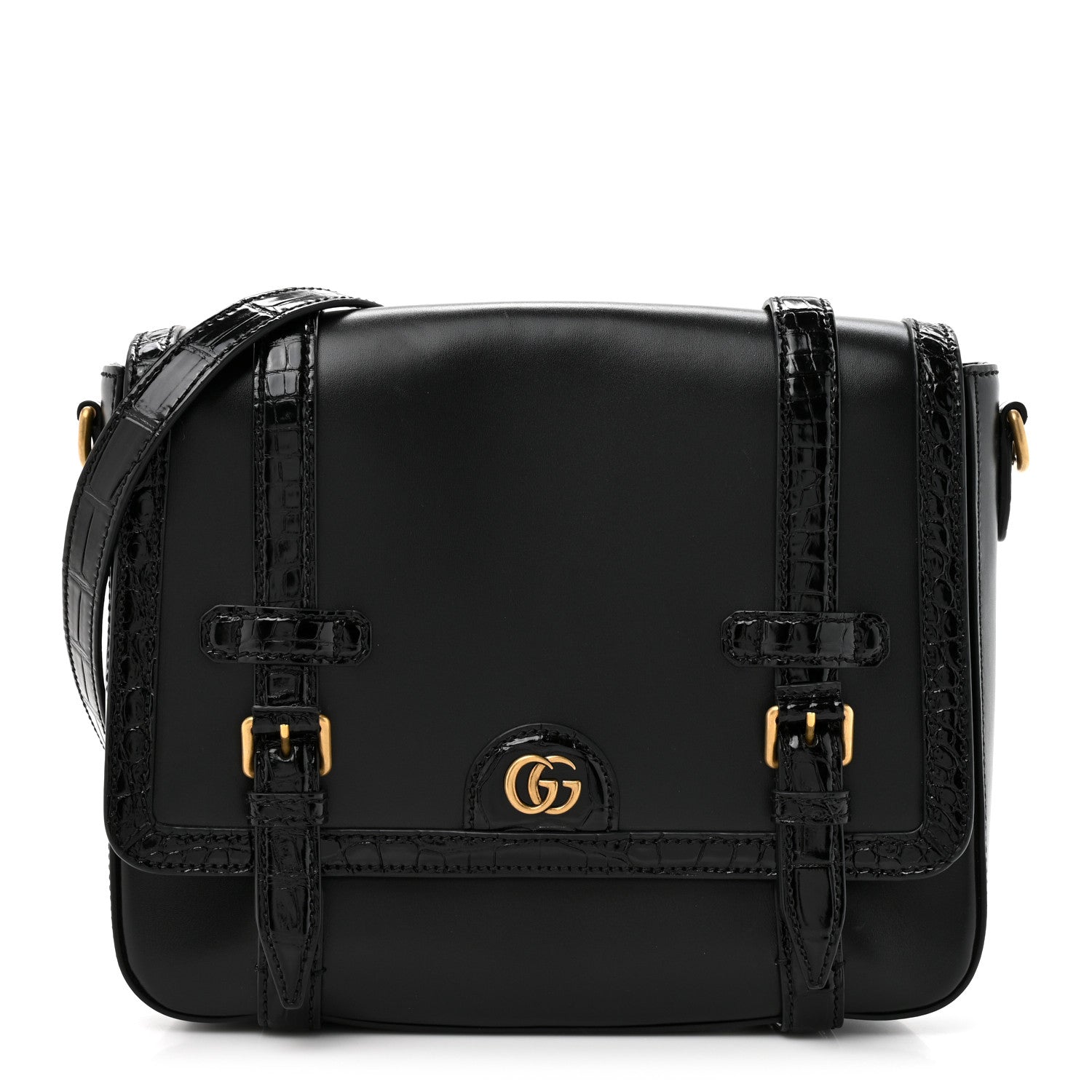 Gucci Calfskin Crocodile GG Double Buckle Medium Messenger Bag Black 1 of 12