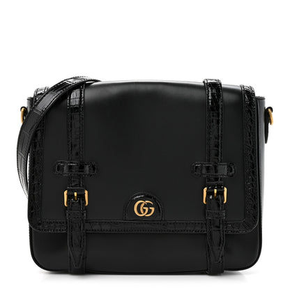 Gucci Calfskin Crocodile GG Double Buckle Medium Messenger Bag Black 1 of 12