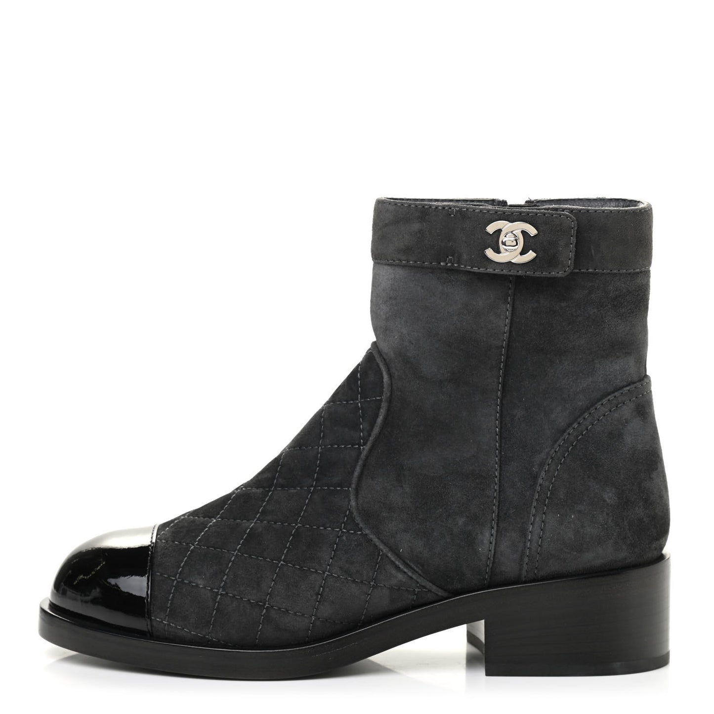 Suede Patent Calfskin Quilted Cap Toe Short Boots 37 Gray Black