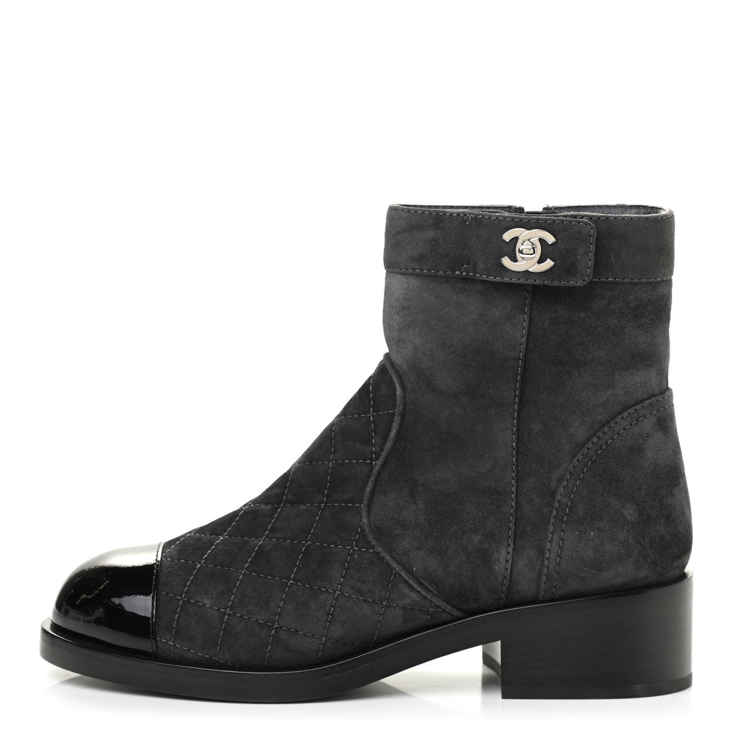 Chanel Suede Patent Calfskin Quilted Cap Toe Short Boots 37 Gray Black 1 of 8