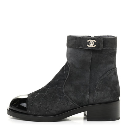 Chanel Suede Patent Calfskin Quilted Cap Toe Short Boots 37 Gray Black 1 of 8