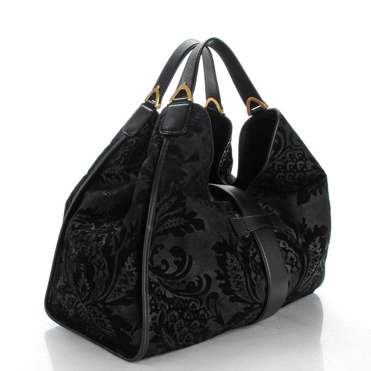Nubuck Brocade Large Soft Stirrup Shoulder Bag Black