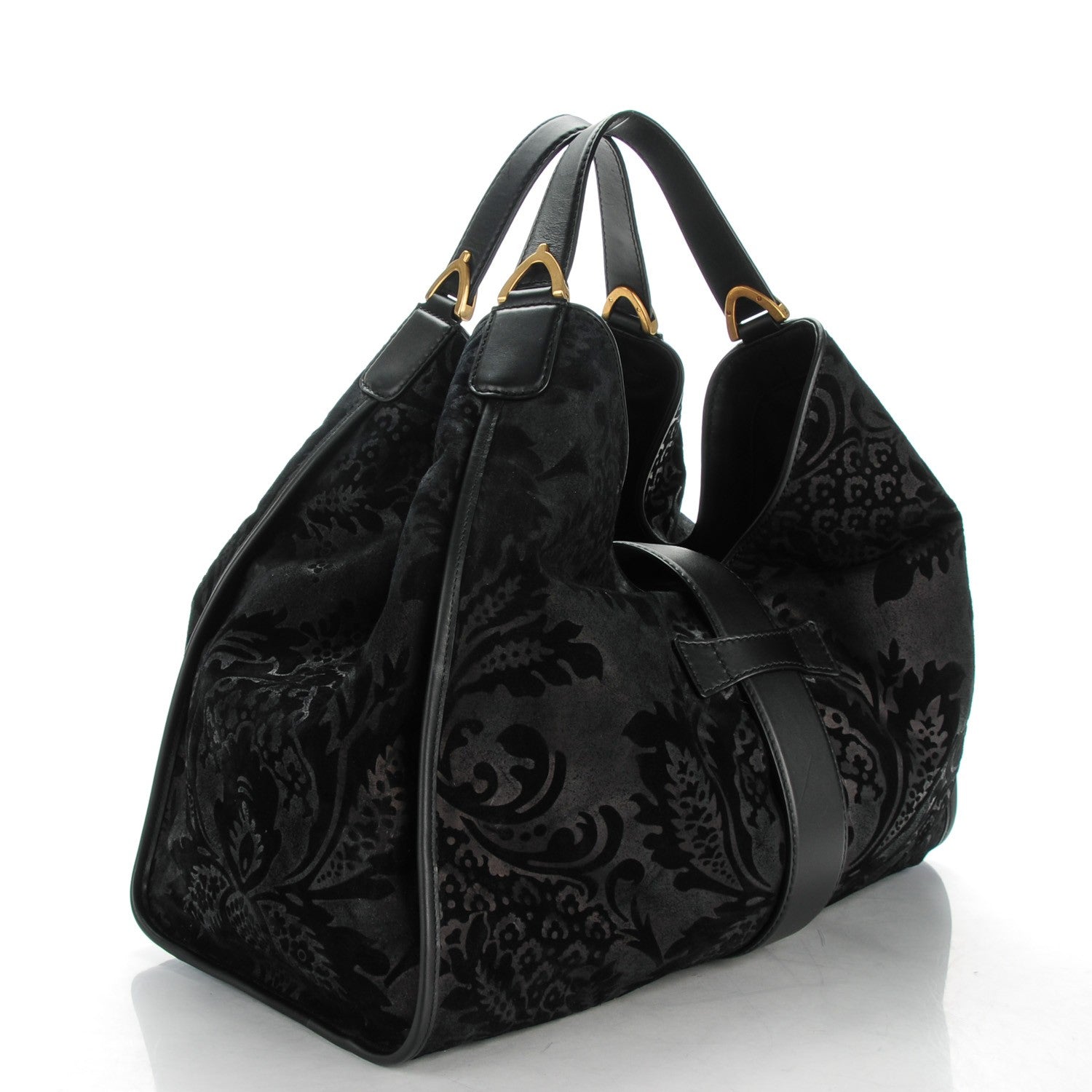 Gucci Nubuck Brocade Large Soft Stirrup Shoulder Bag Black 3 of 7