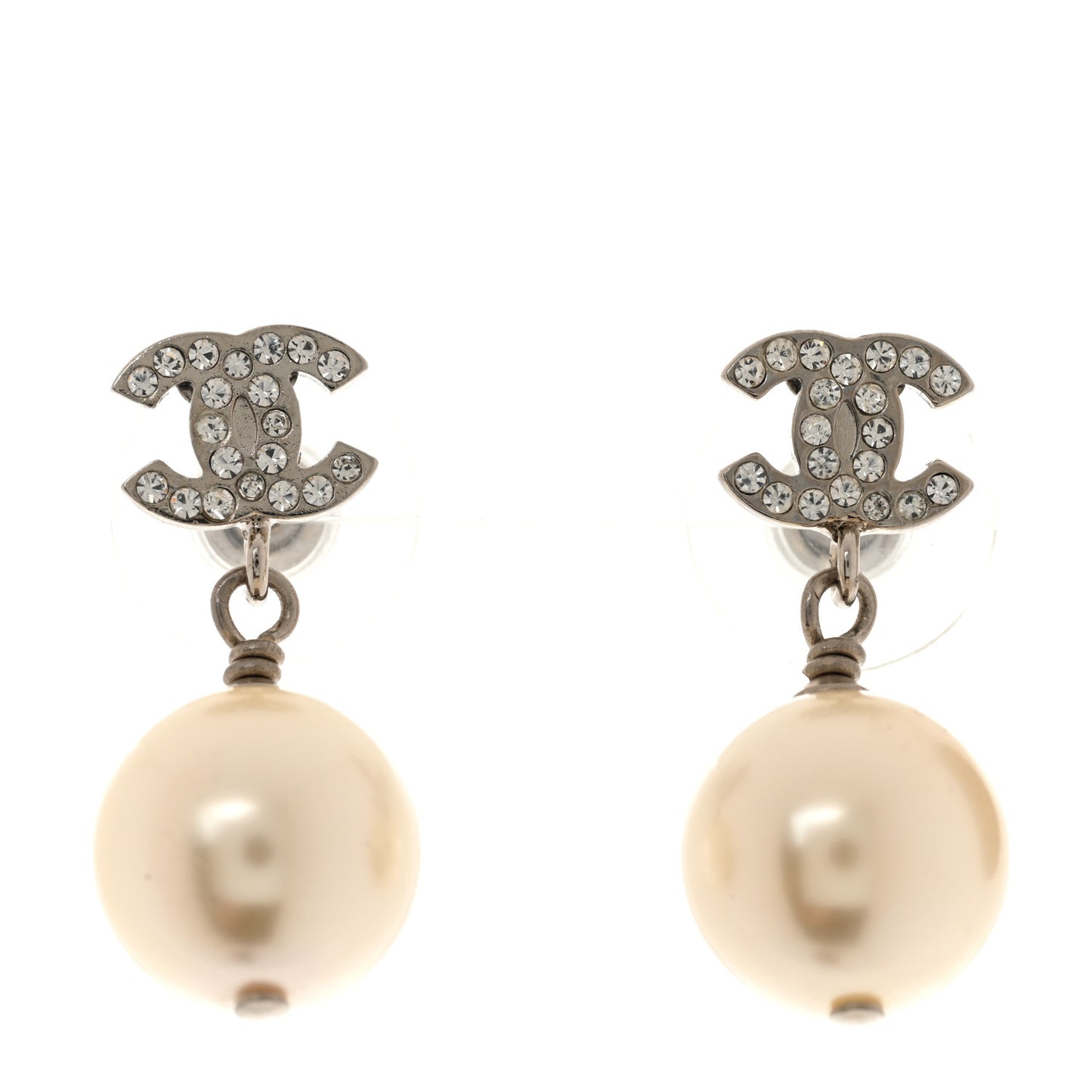 Crystal Pearl CC Drop Earrings Silver Pearly White