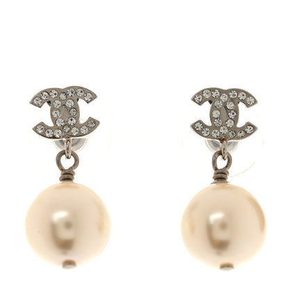 Chanel Crystal Pearl CC Drop Earrings Silver Pearly White 1 of 5