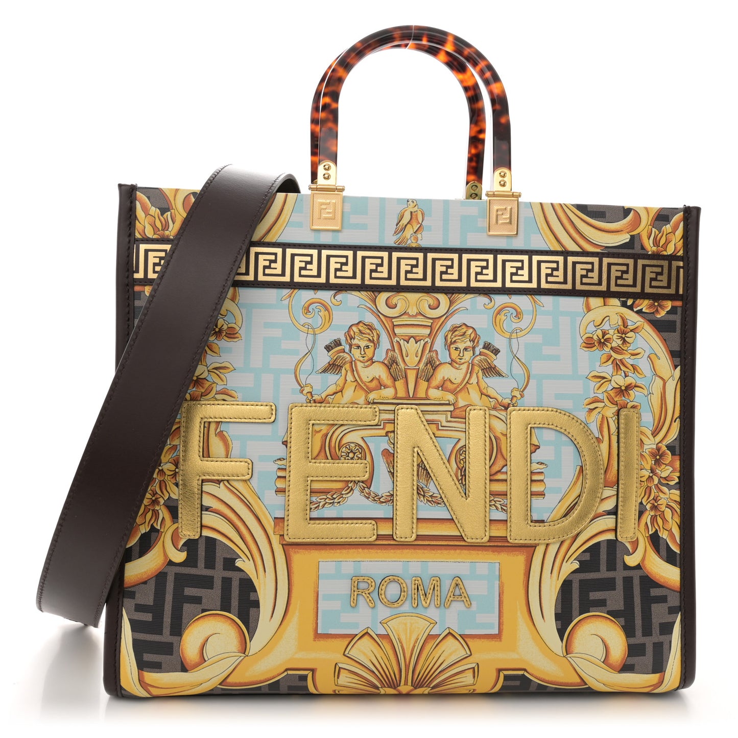X VERSACE Calfskin Plexiglass Fendace FF Baroque Print Medium Fendi Sunshine Shopper Tote Gold Multicolor