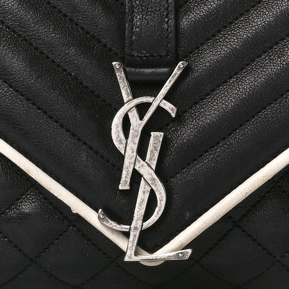 Saint Laurent Calfskin Mixed Matelasse Triquilt Large Monogram Envelope Satchel Black White 10 of 12