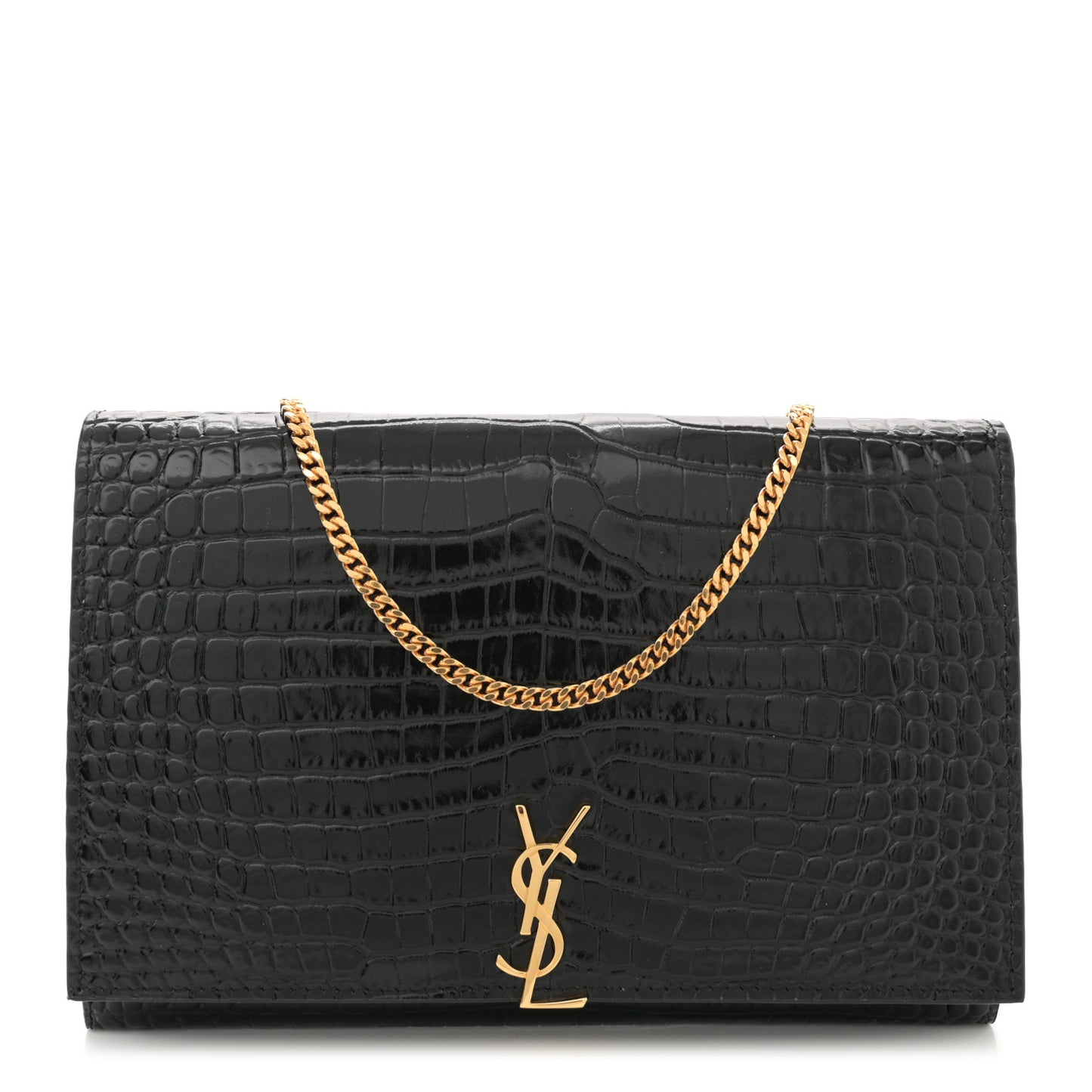 Calfskin Crocodile Embossed Monogram Chain Wallet Black