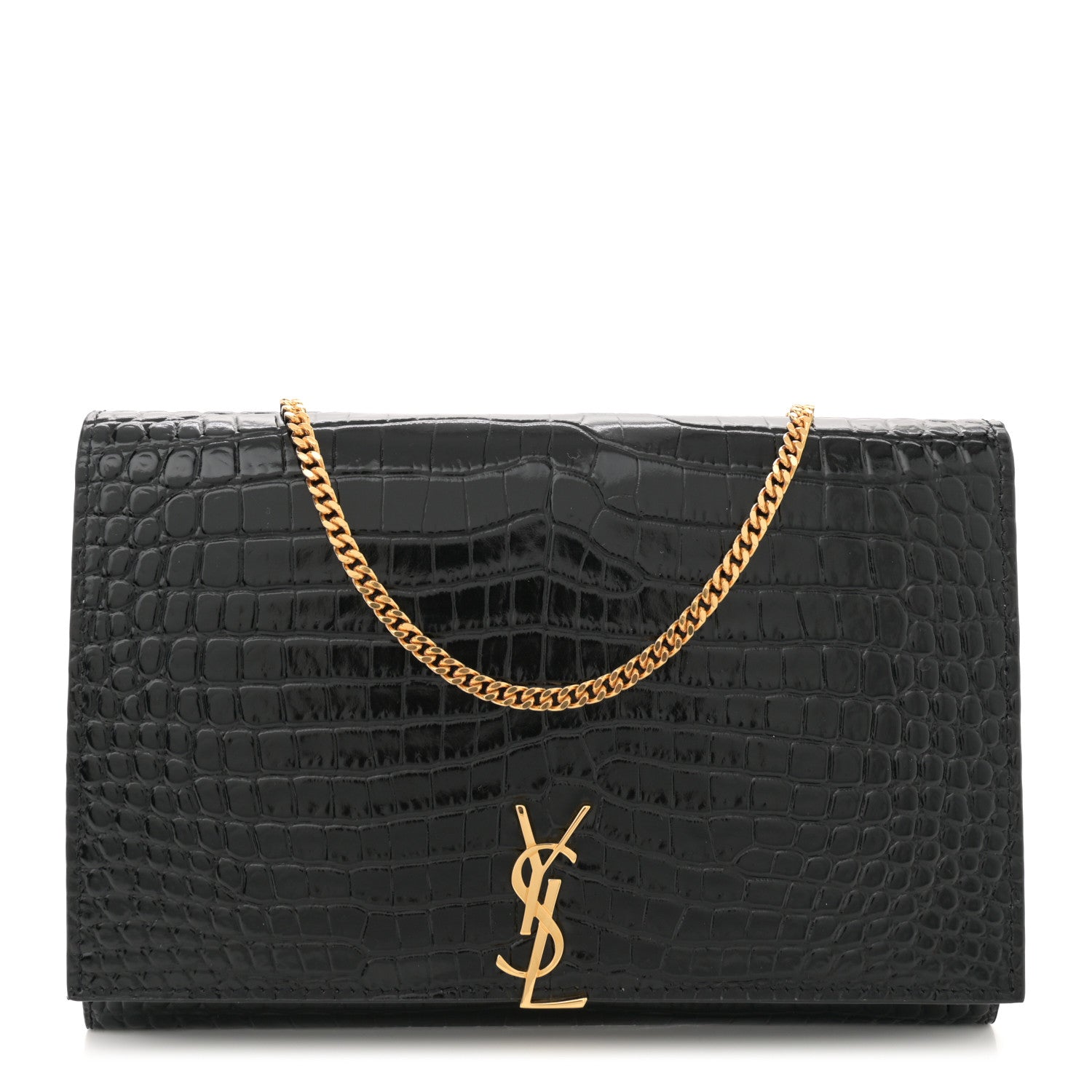 Saint Laurent Calfskin Crocodile Embossed Monogram Chain Wallet Black 1 of 12